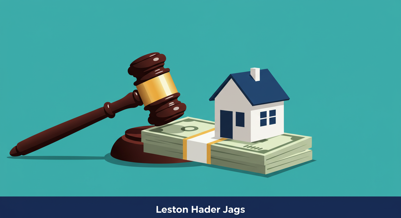 A gavel and a small model house resting on a stack of cash.