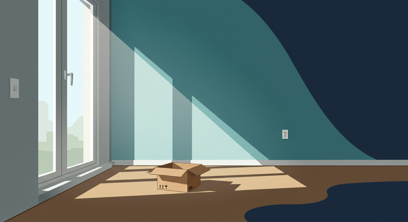 An empty apartment with a single cardboard box on the floor and light streaming through the window.