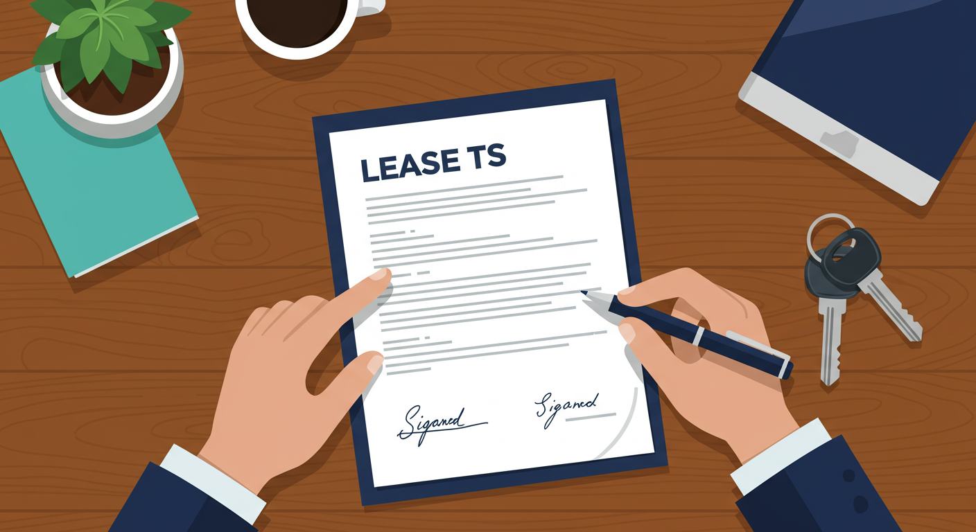 A person's hands reviewing a signed lease agreement document with a pen and a set of keys on a wooden desk.