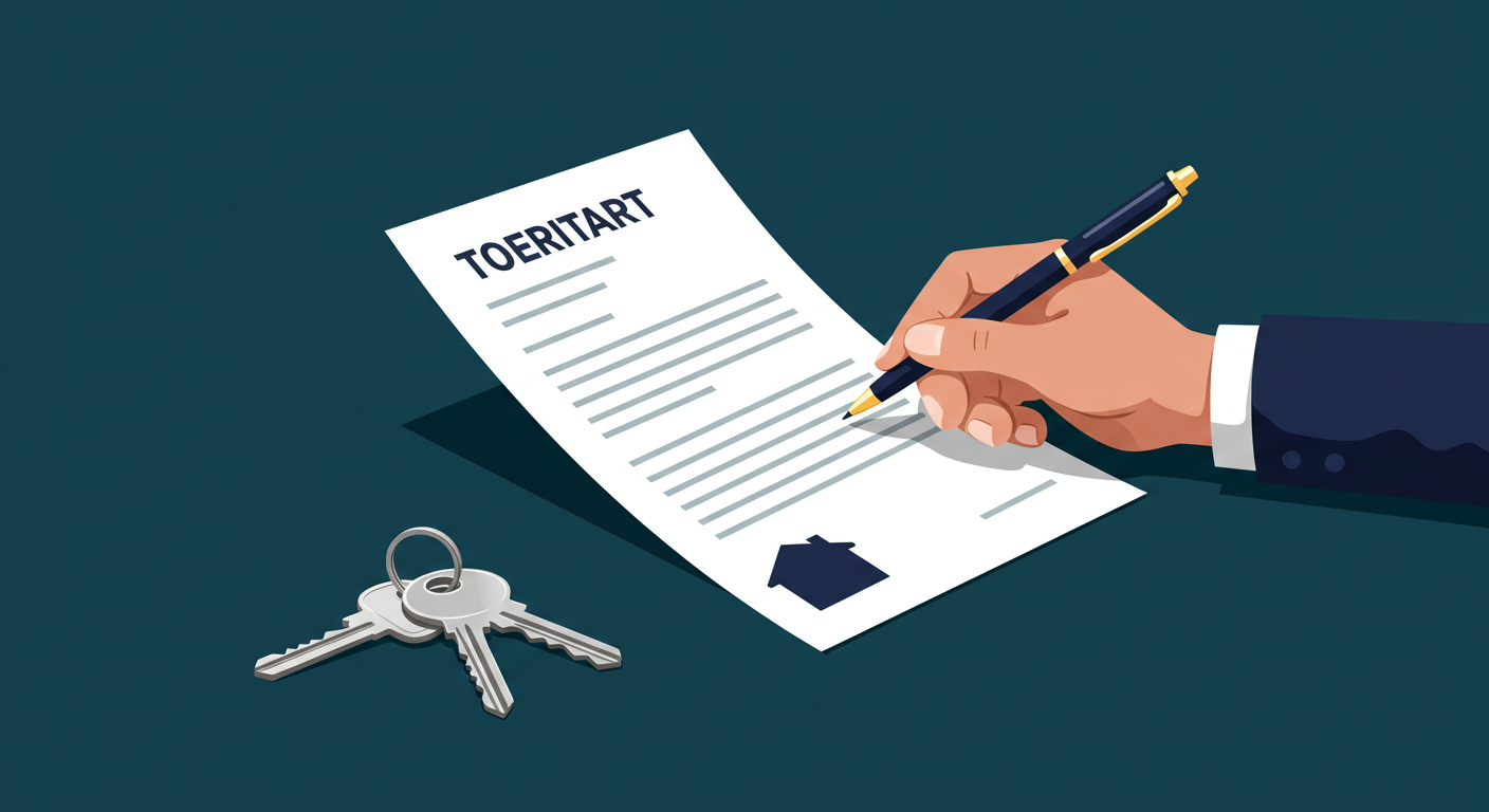 A person reviews a legal document with a pen, with a set of house keys on the desk next to them.