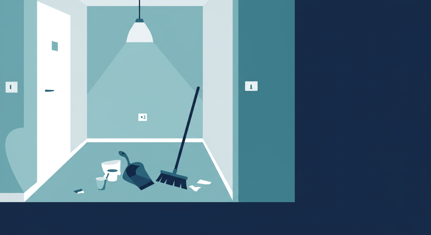 An empty apartment with a broom and dustpan, signifying a tenant has moved out and cleaning is in progress.