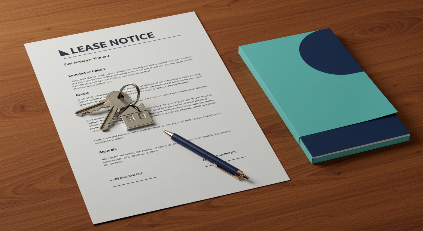 A set of house keys and a lease document resting on a wooden table next to a formal notice letter.