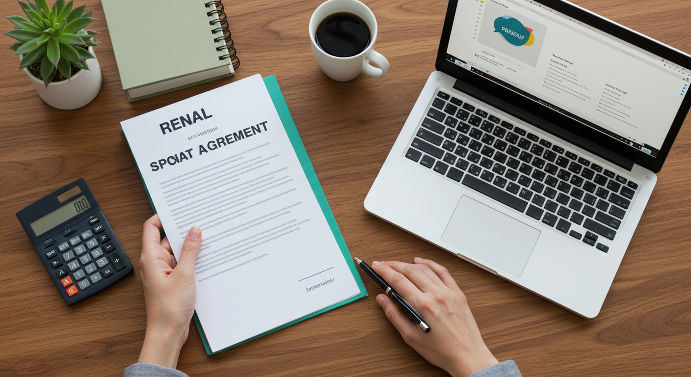 A person reviews a rental agreement document at a wooden desk with a laptop and a calculator.