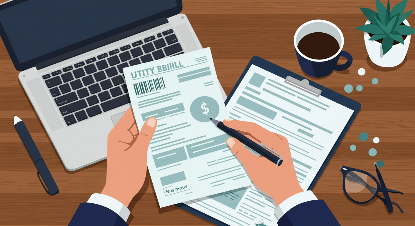 A person reviewing a utility bill and a rental lease agreement on a wooden desk.