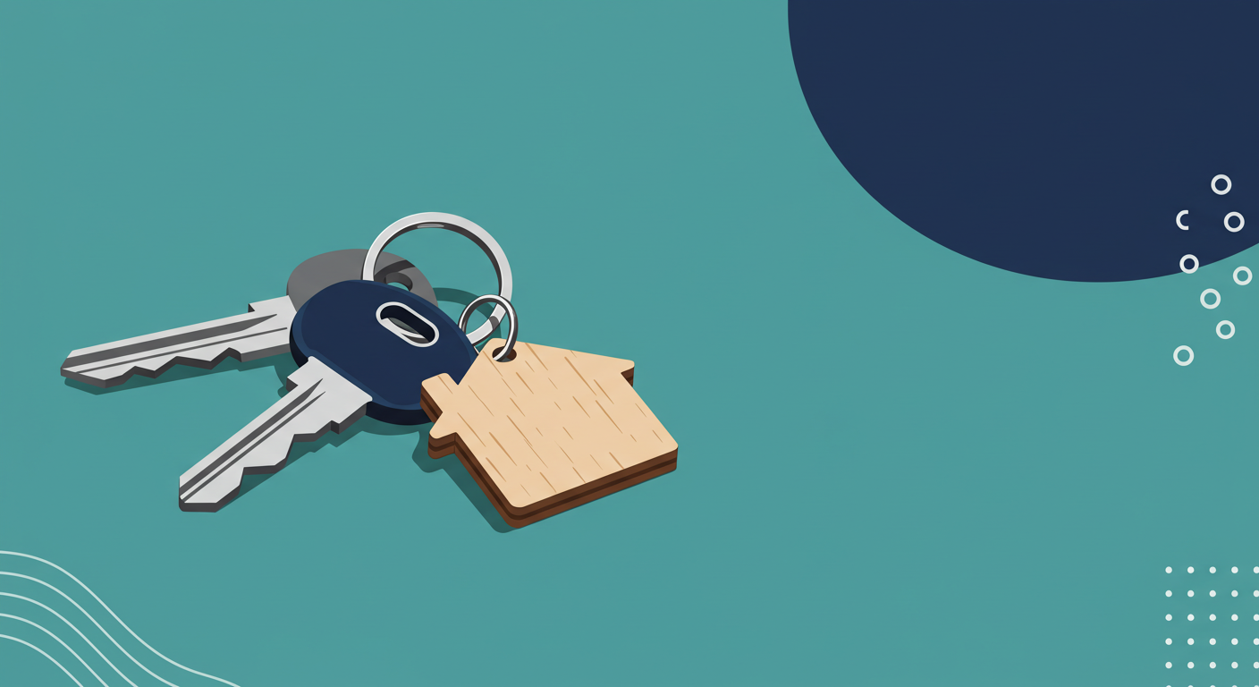 A set of house keys with a simple wooden house-shaped keychain on a table.