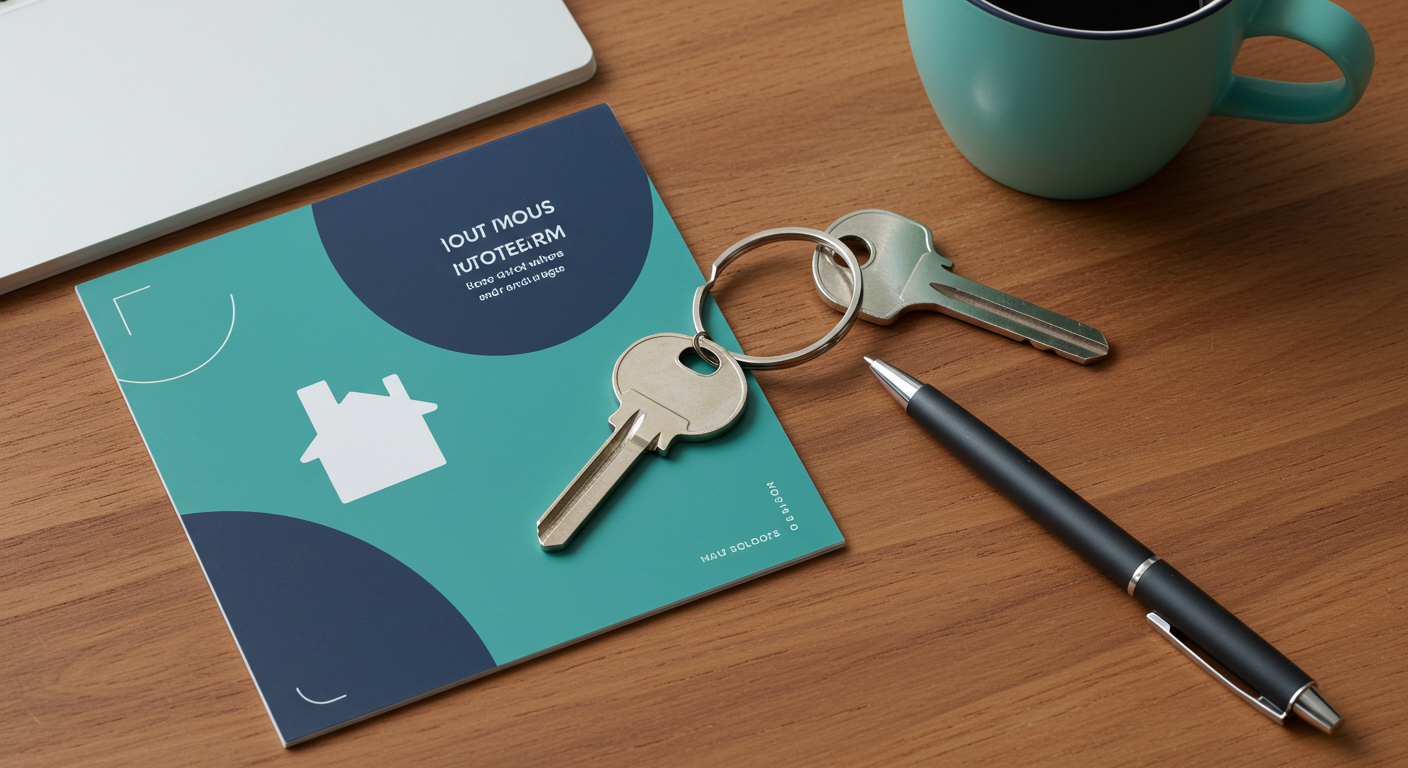 A modern house key with a Texas-shaped keychain on a wooden table next to a pen.
