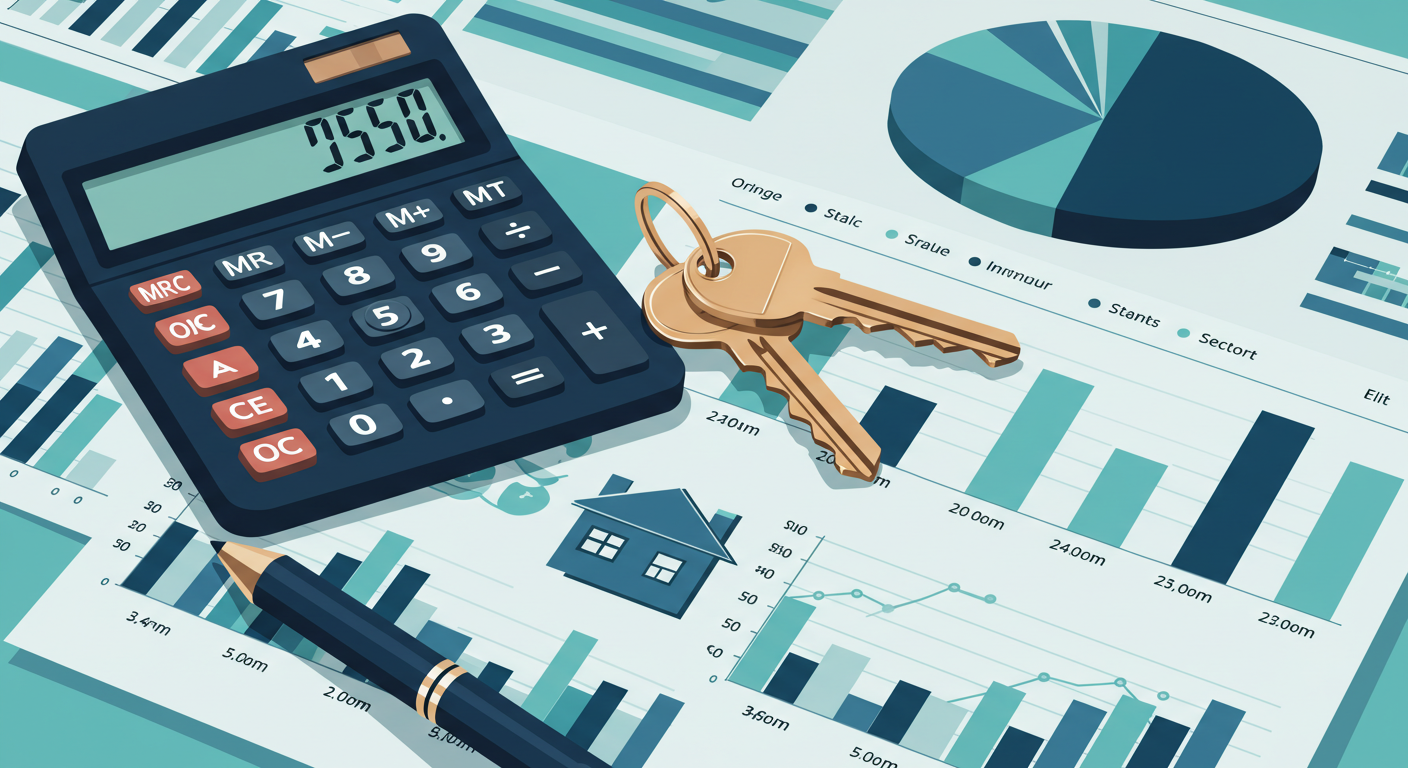 A calculator and a set of house keys resting on a financial spreadsheet showing charts and graphs.