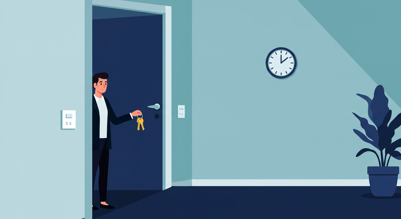 A landlord hands a set of keys to a new tenant in the doorway of a clean, empty apartment.