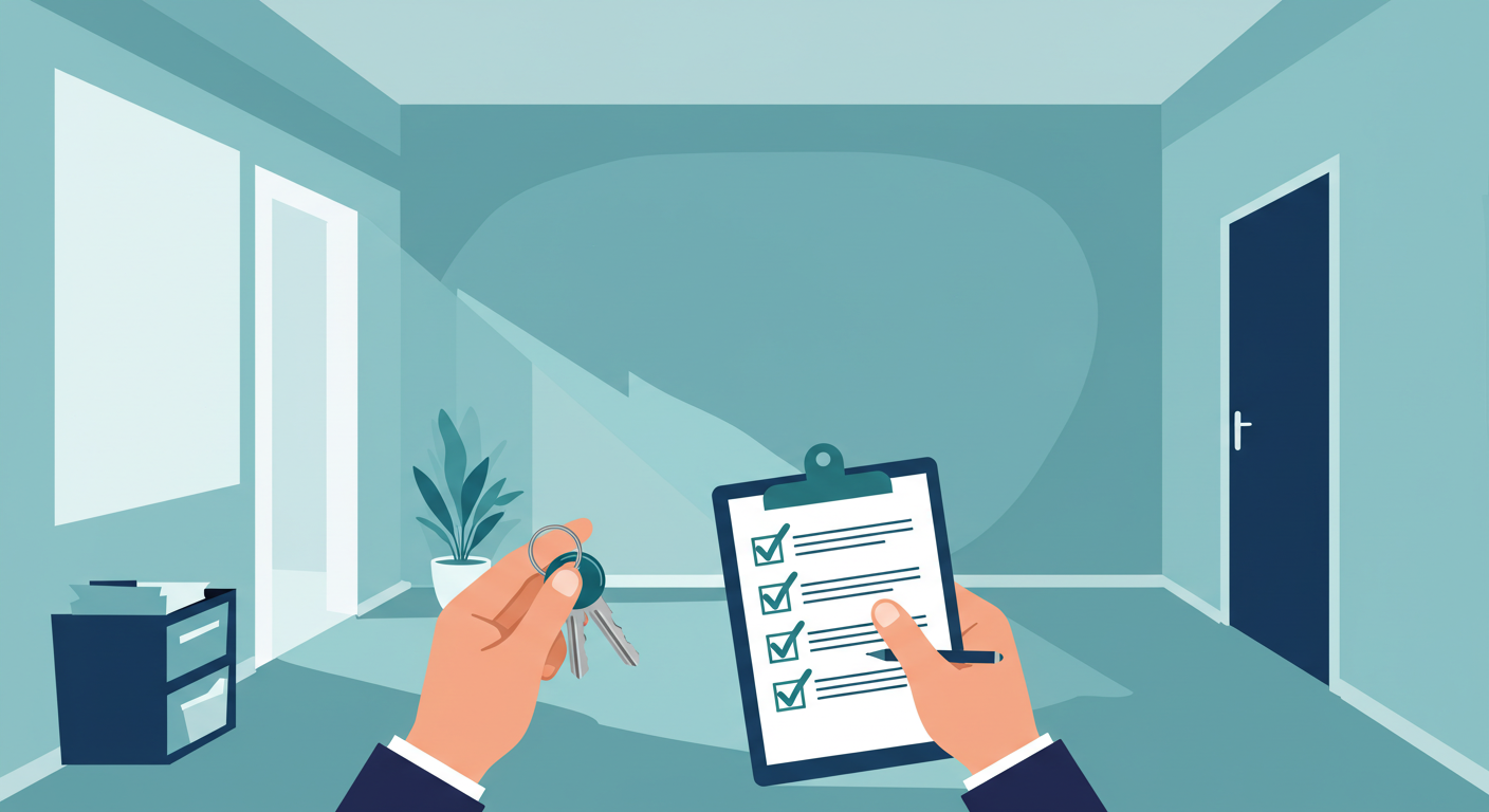 A person's hands holding a set of keys and a clipboard with a checklist inside a clean, empty apartment.