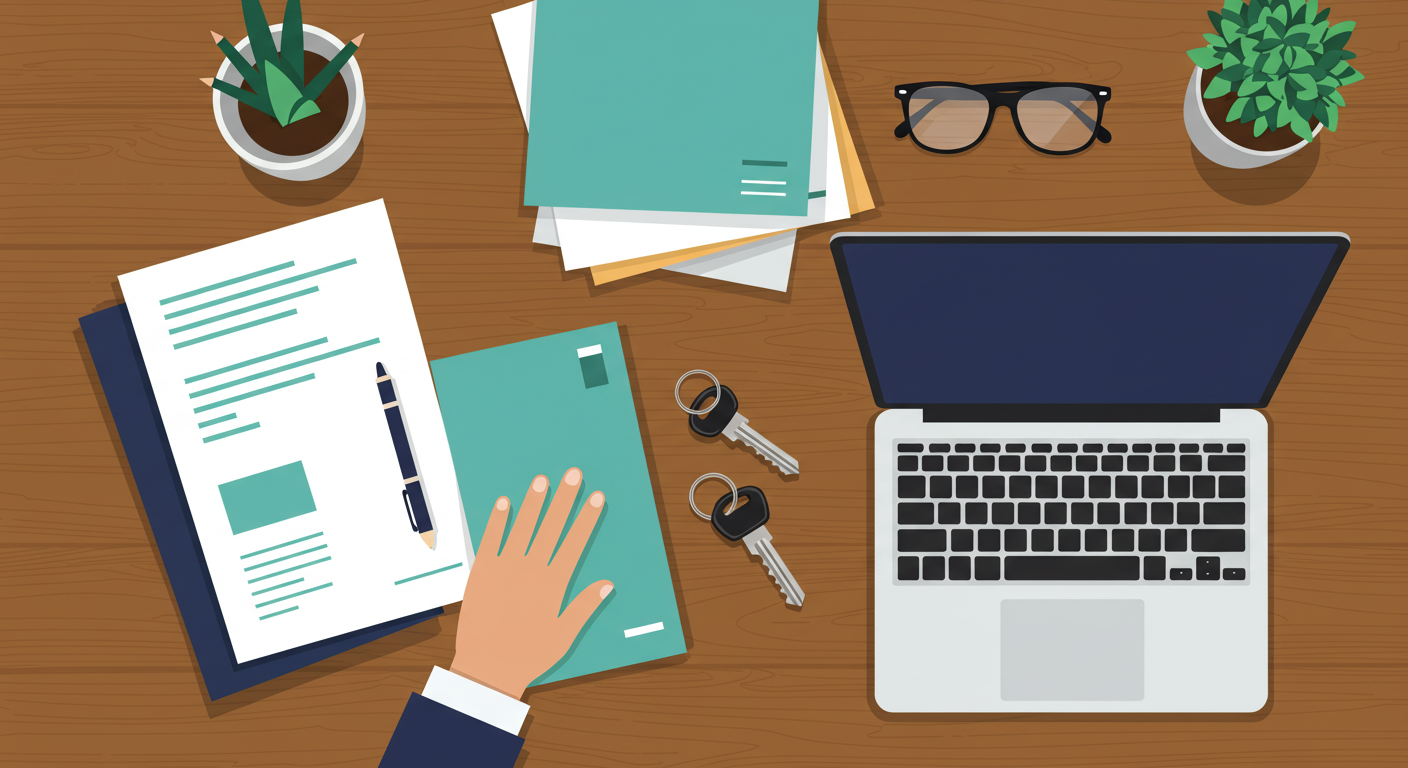A person sitting at a wooden desk, organizing a stack of papers next to a laptop and a set of keys.