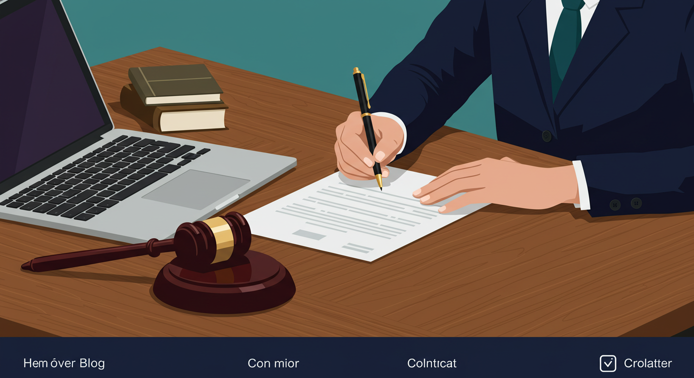 A person signing a legal document at a wooden desk with a laptop and a gavel nearby.