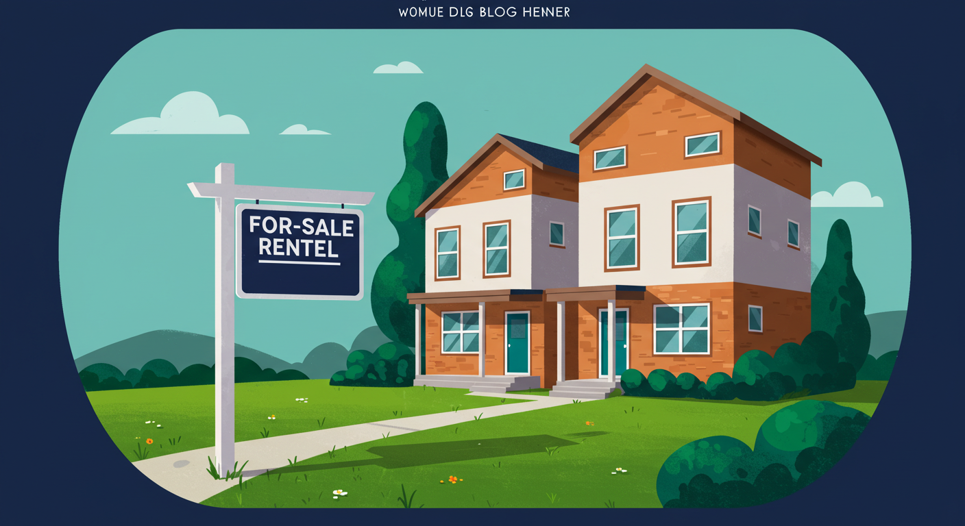 A for-sale sign staked in the green front lawn of a modern, two-story rental house.
