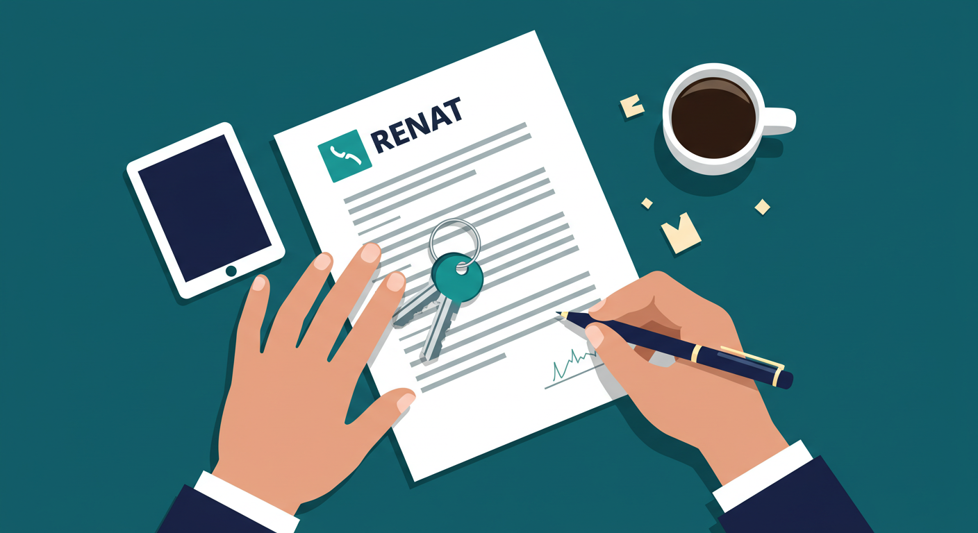 A person's hands signing a rental lease agreement with a pen, with a set of keys on the document.