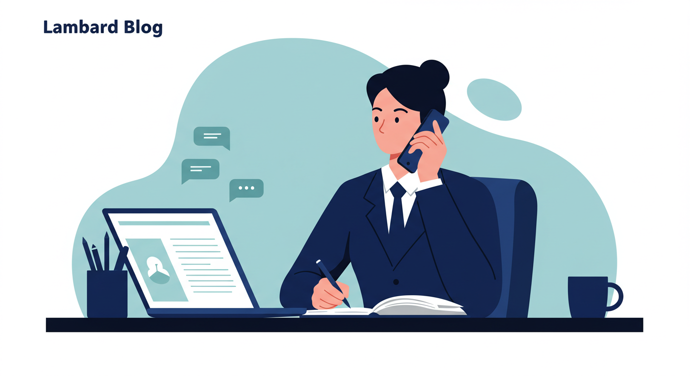 A landlord sits at a desk, talking on the phone and taking notes in a planner next to a laptop.