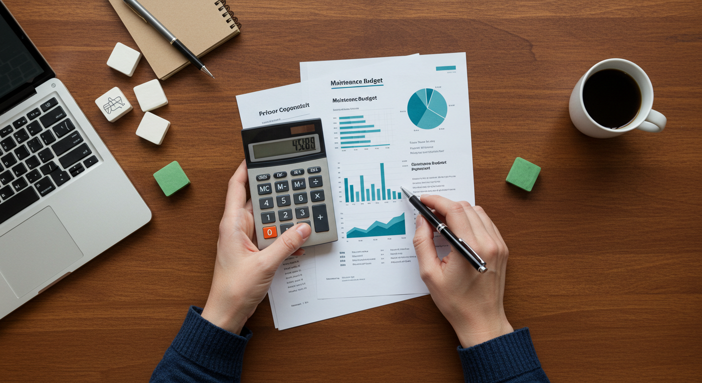 A person's hands using a calculator and pen to review a maintenance budget on a wooden desk.