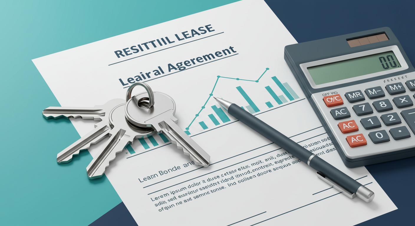 A set of house keys and a calculator resting on a residential lease agreement.