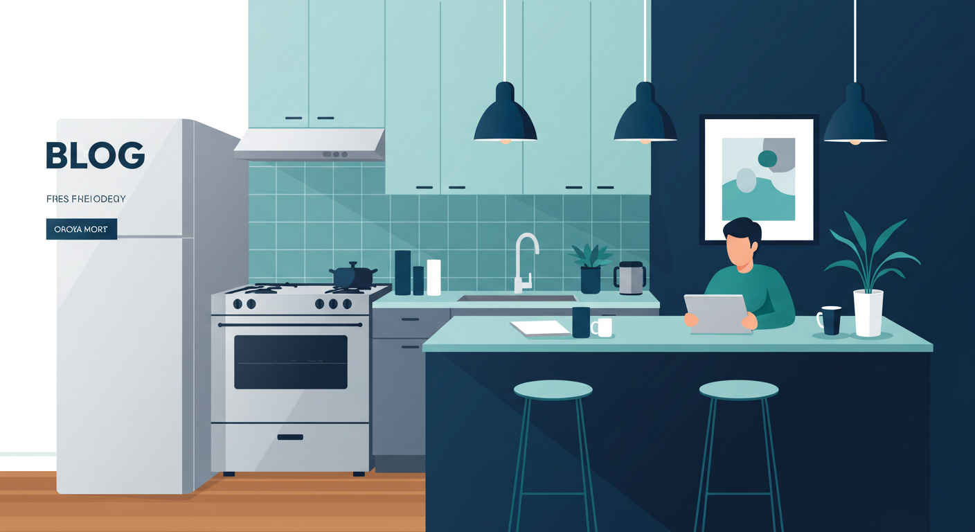 A modern, clean apartment kitchen with stainless steel appliances and a person looking at a tablet.
