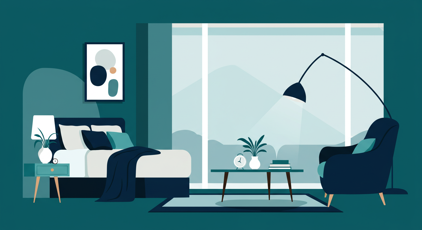 Stylish and clean interior of a modern one-bedroom apartment with large windows.