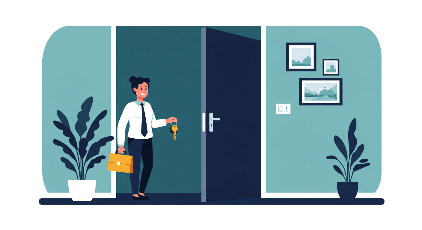 A landlord hands a set of house keys to a new tenant in the doorway of a clean, empty apartment.