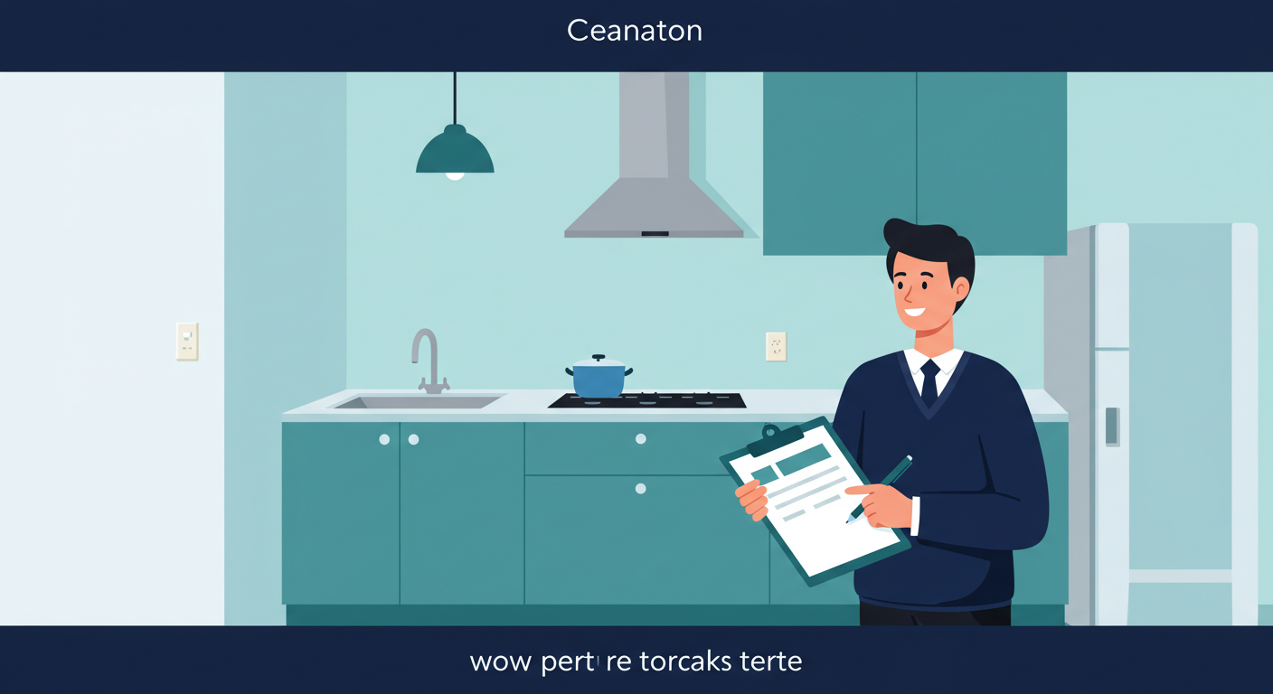 A landlord holding a clipboard and pen while inspecting a clean, empty kitchen in a rental apartment.