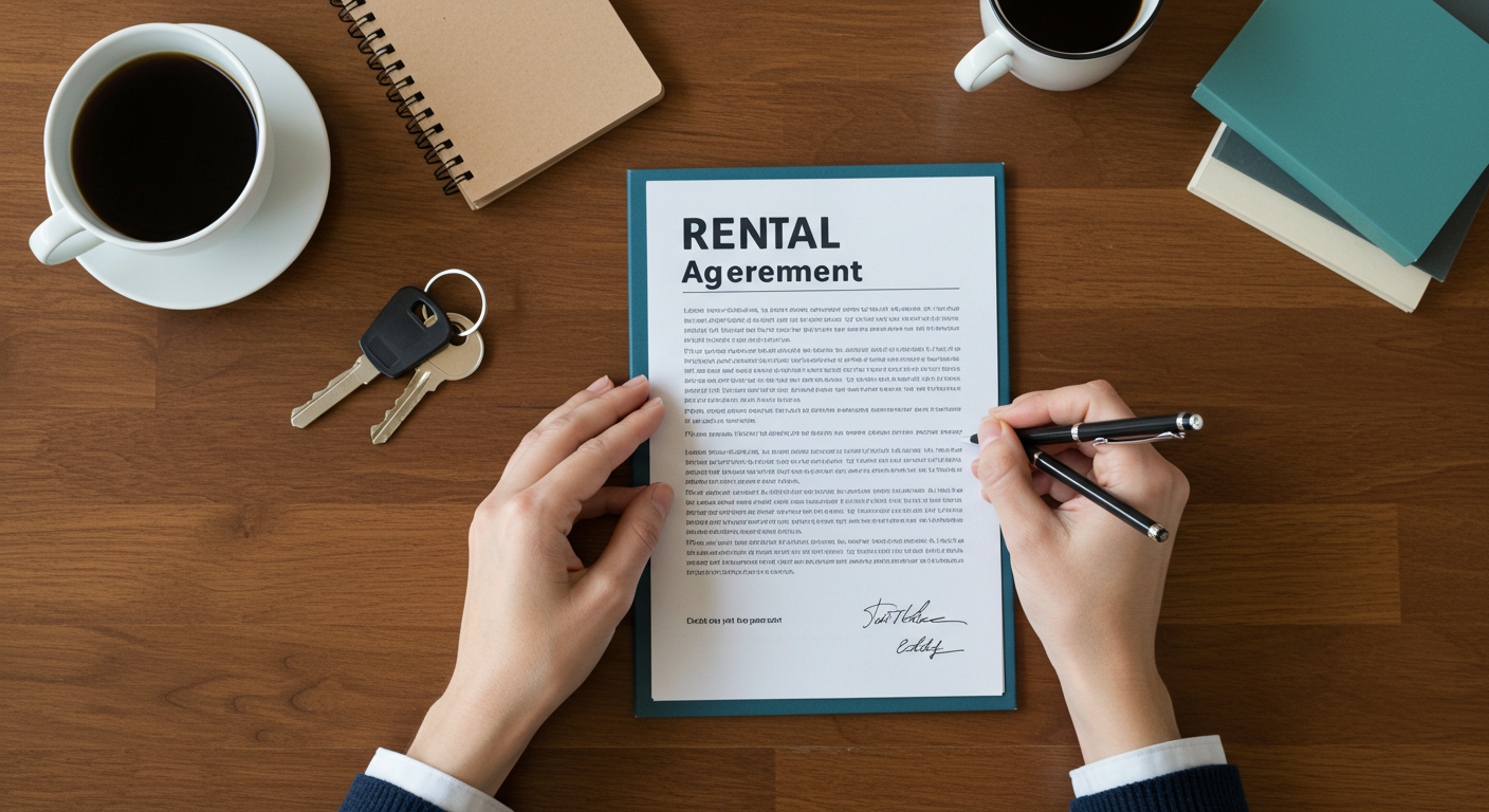 A person signing a rental lease agreement document at a wooden desk with a pen and a set of keys nearby.