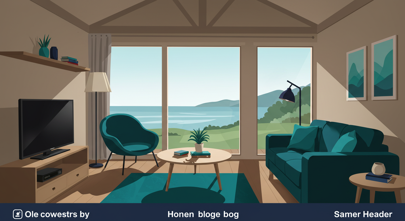 A modern and clean living room in a vacation rental home with large windows showing a scenic view.