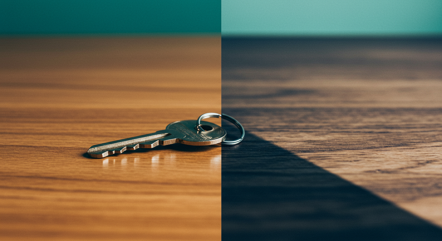 A house key on a wooden table, with one half of the table looking new and polished and the other half looking old and worn.