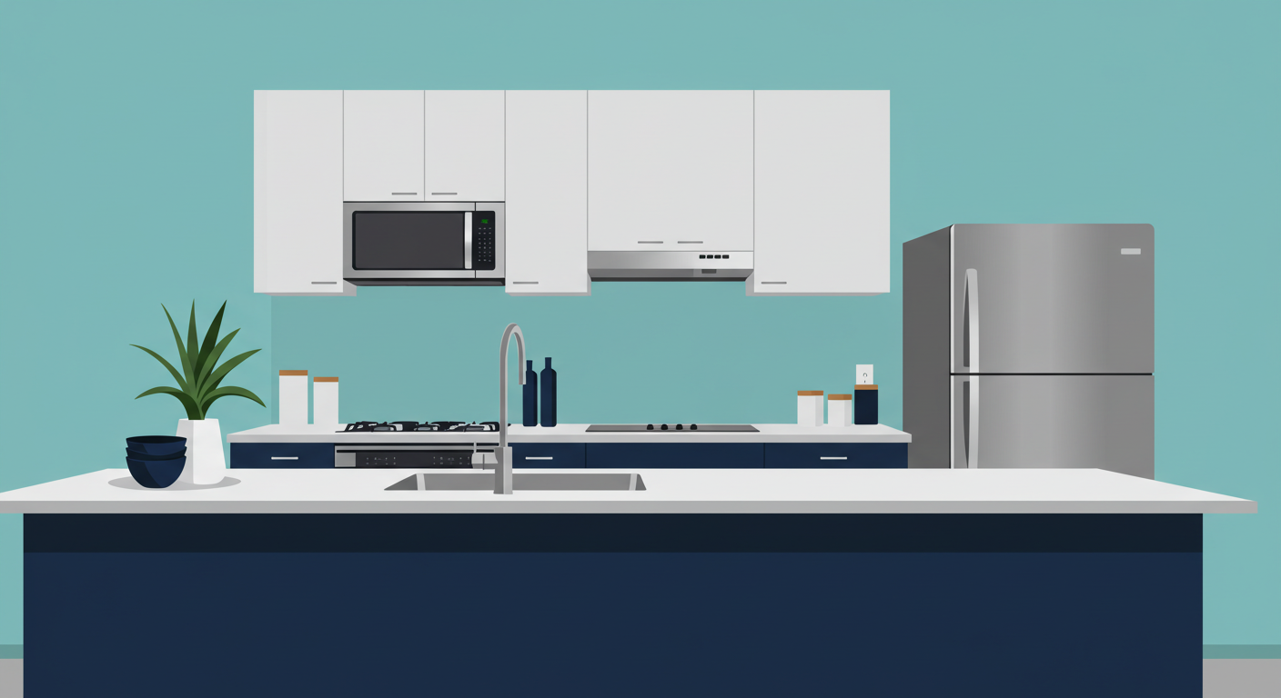 A modern, clean kitchen in a rental unit with new countertops and stainless steel appliances.