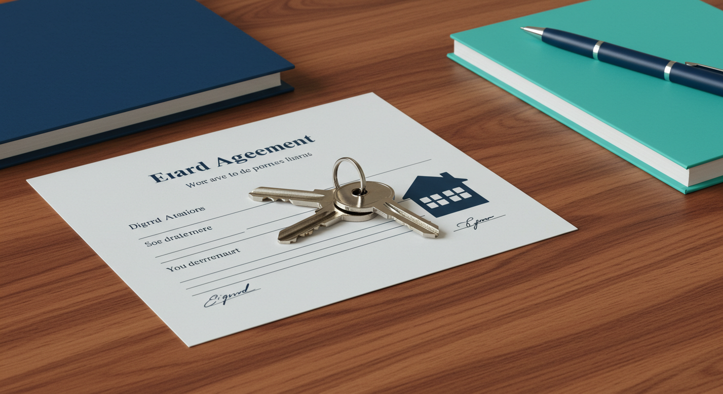 A signed lease agreement and a set of house keys resting on a wooden table.