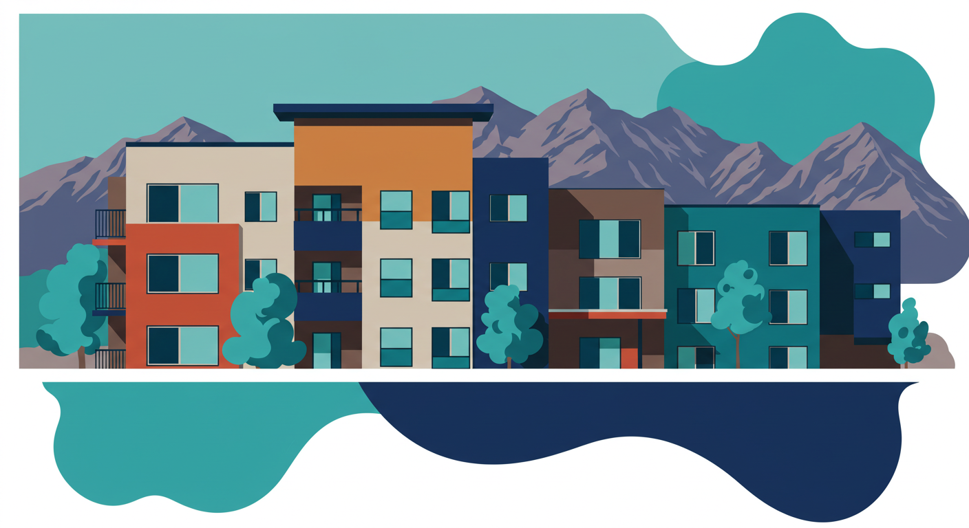 A modern apartment building exterior against a backdrop of the Wasatch mountains in Utah.