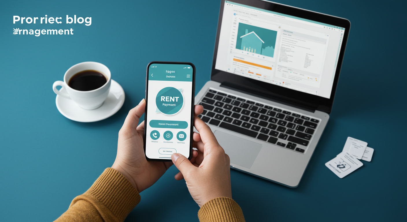 A person's hands holding a smartphone displaying a rent payment app, with a laptop showing a property management dashboard in the background.