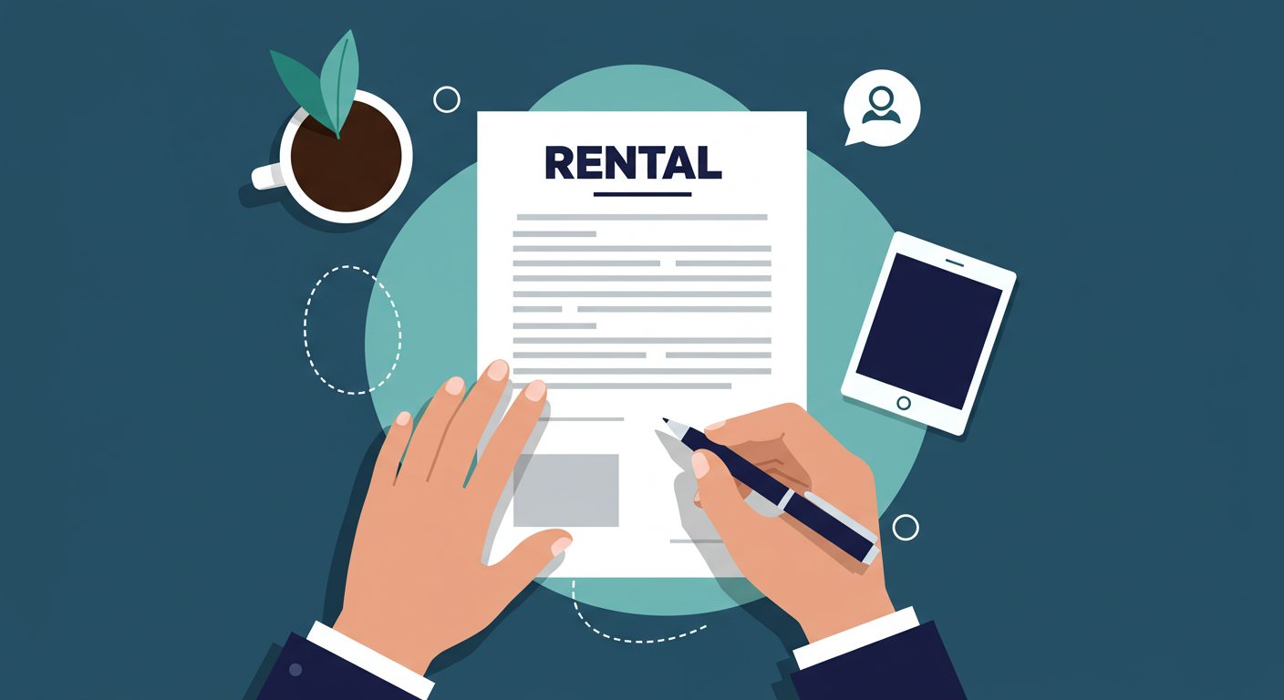 A person's hands signing a rental lease agreement document with a pen.