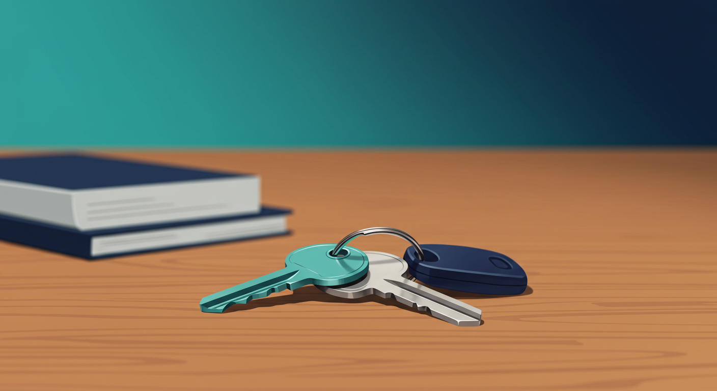 A set of house keys with a simple keychain resting on a wooden table.