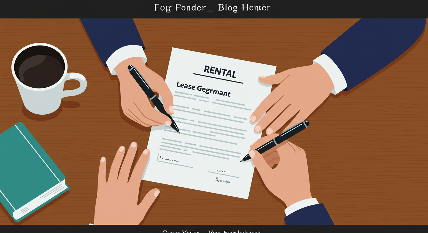 A person's hands signing a rental lease agreement with a pen on a wooden desk.