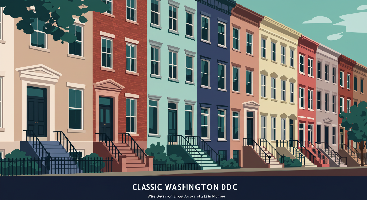 A row of classic Washington DC townhouses with brick facades and front steps, seen on a sunny day.