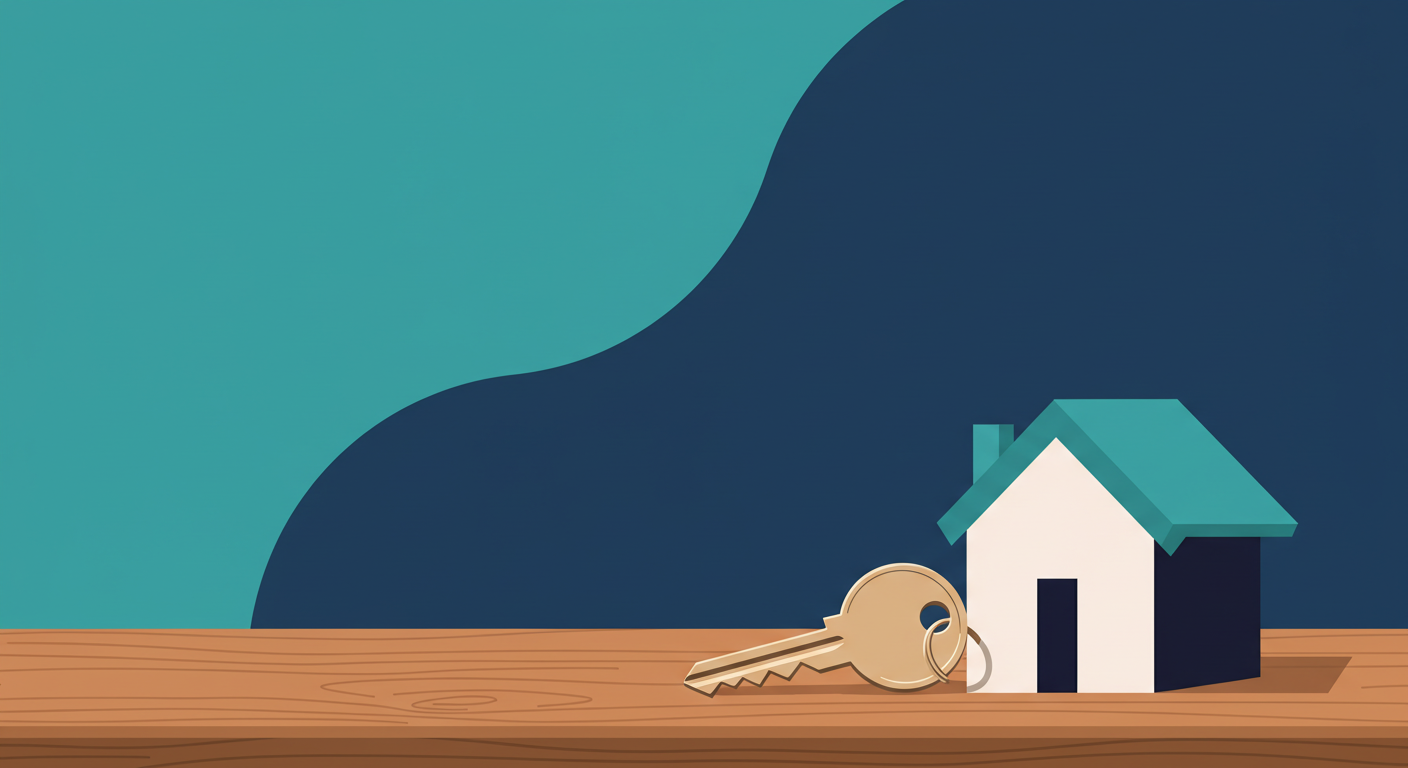 A modern house key with a simple keychain on a wooden table, representing a rental property.