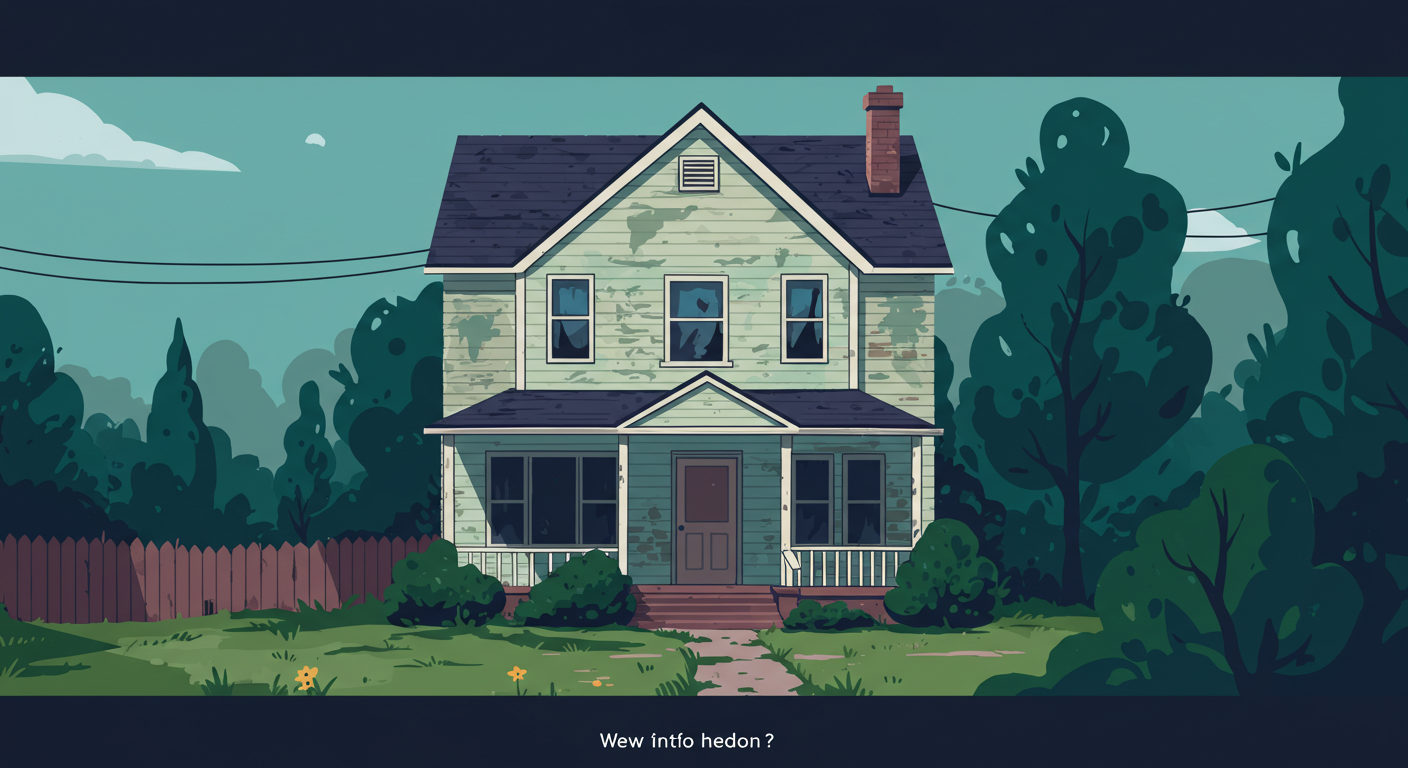 A two-story suburban house with peeling paint and an overgrown yard.