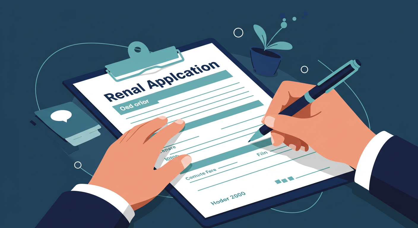 A person fills out a rental application form on a clipboard with a pen.