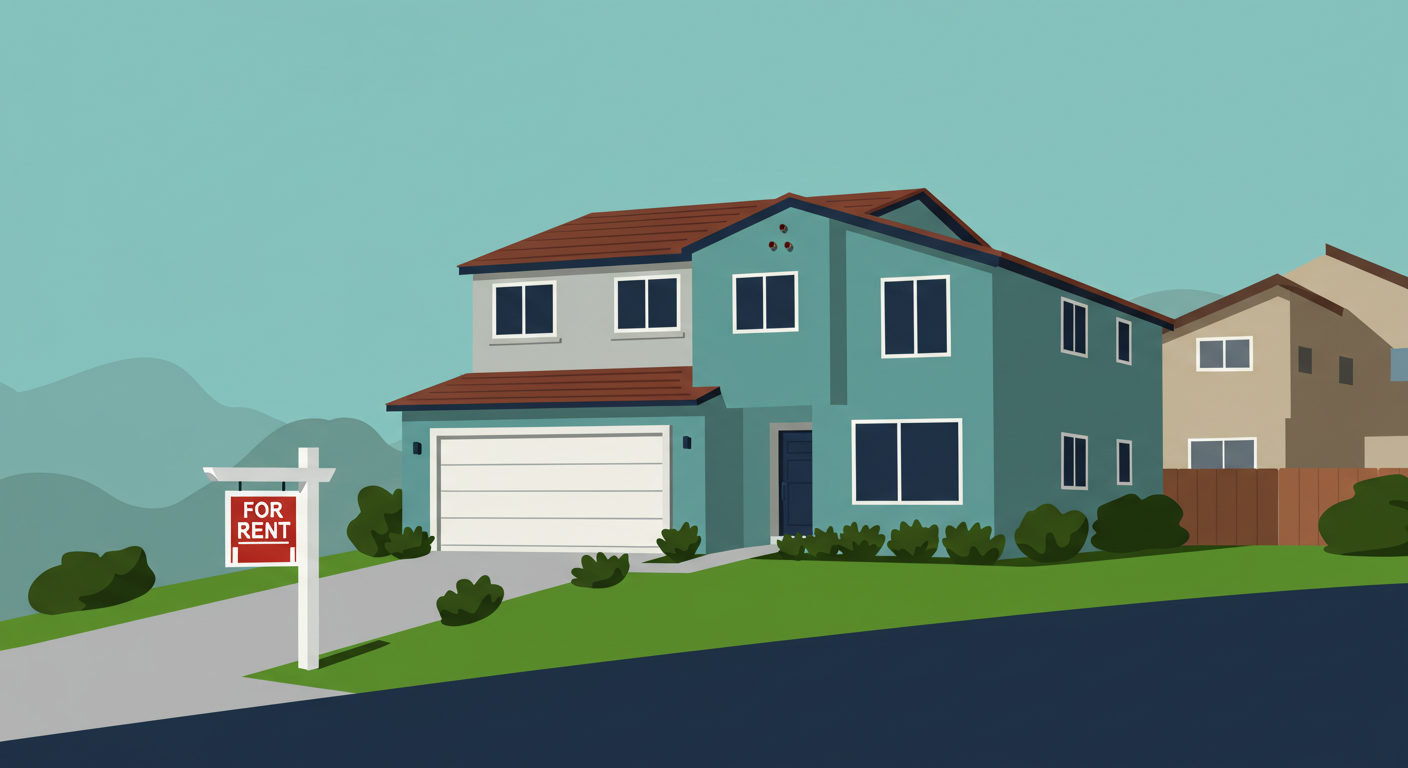 A modern two-story California home with a green lawn and a 'For Rent' sign posted in the front yard.
