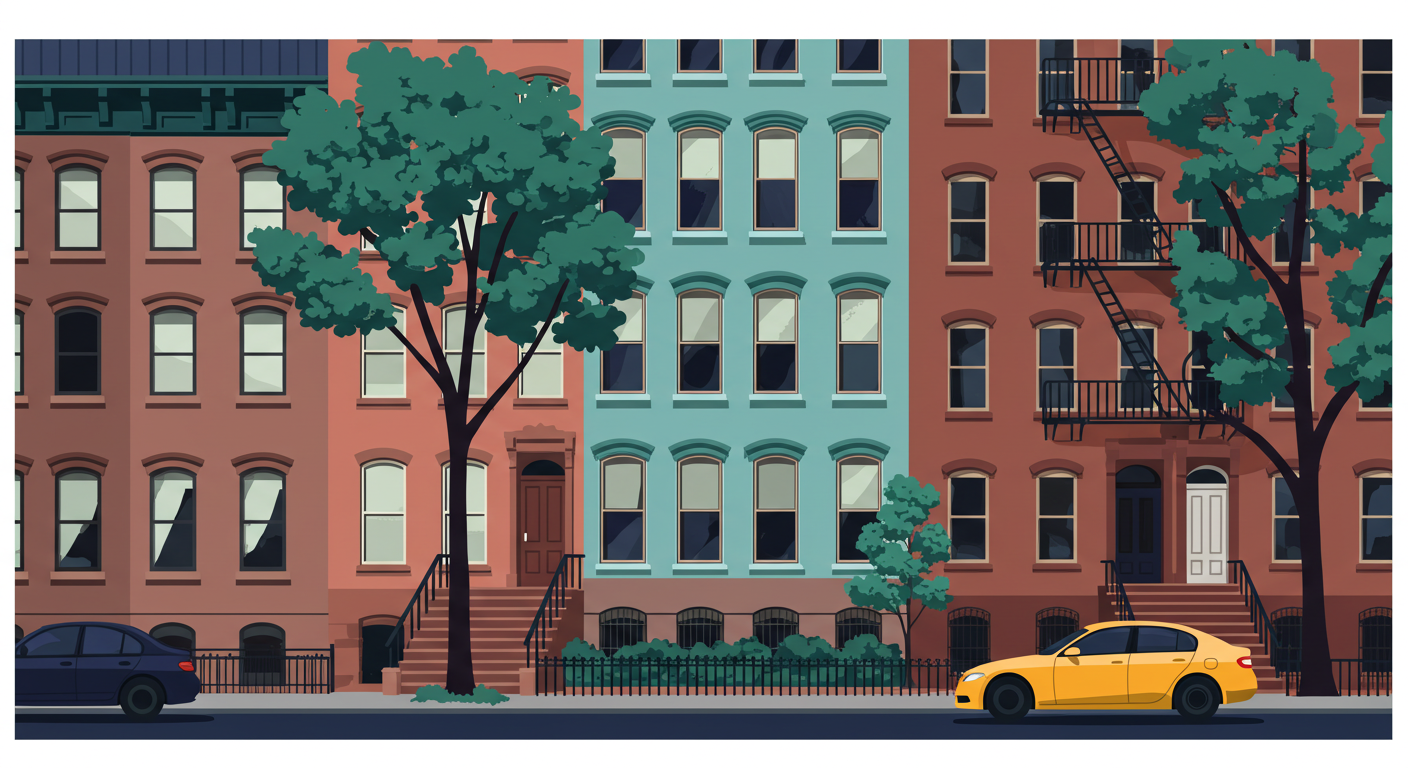 A row of classic New York City brownstone apartment buildings on a tree-lined street.