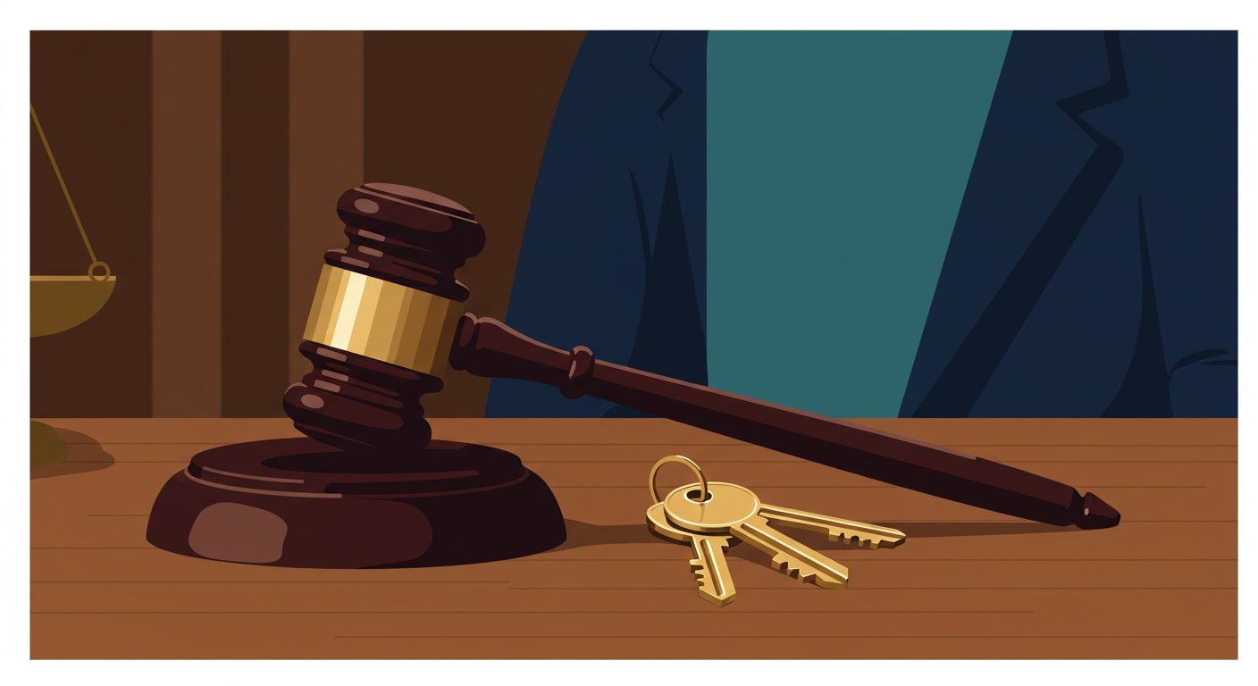 A gavel and a set of keys resting on a wooden desk in a courtroom.