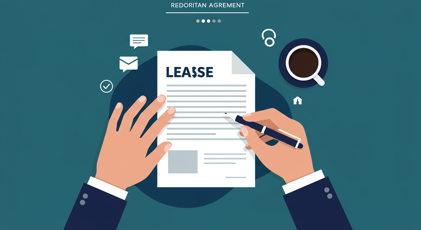 A person's hands signing a lease agreement document with a pen.