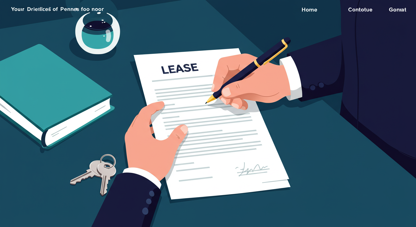 A person signing a lease document with a pen, with a set of keys resting on the table nearby.