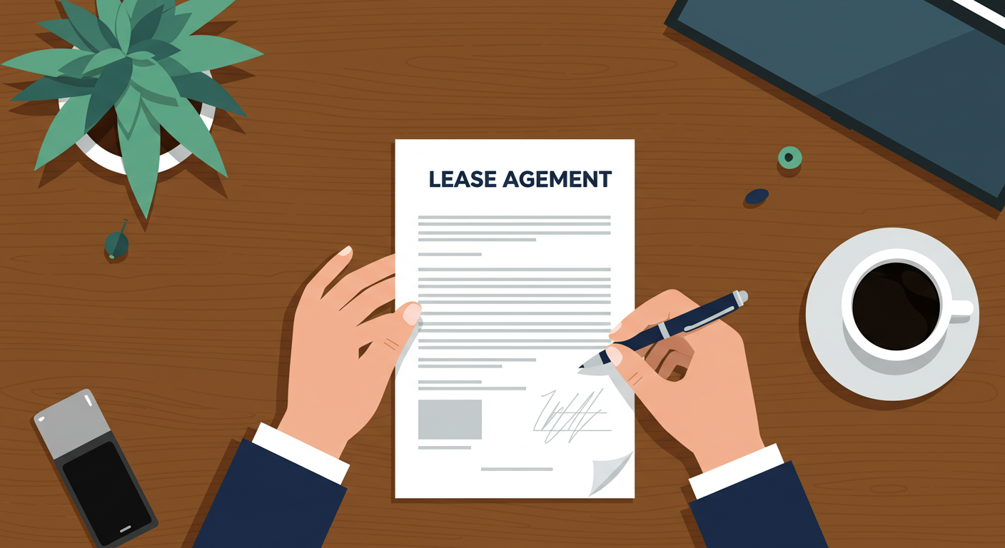 A person signs a lease agreement document with a pen at a wooden desk.