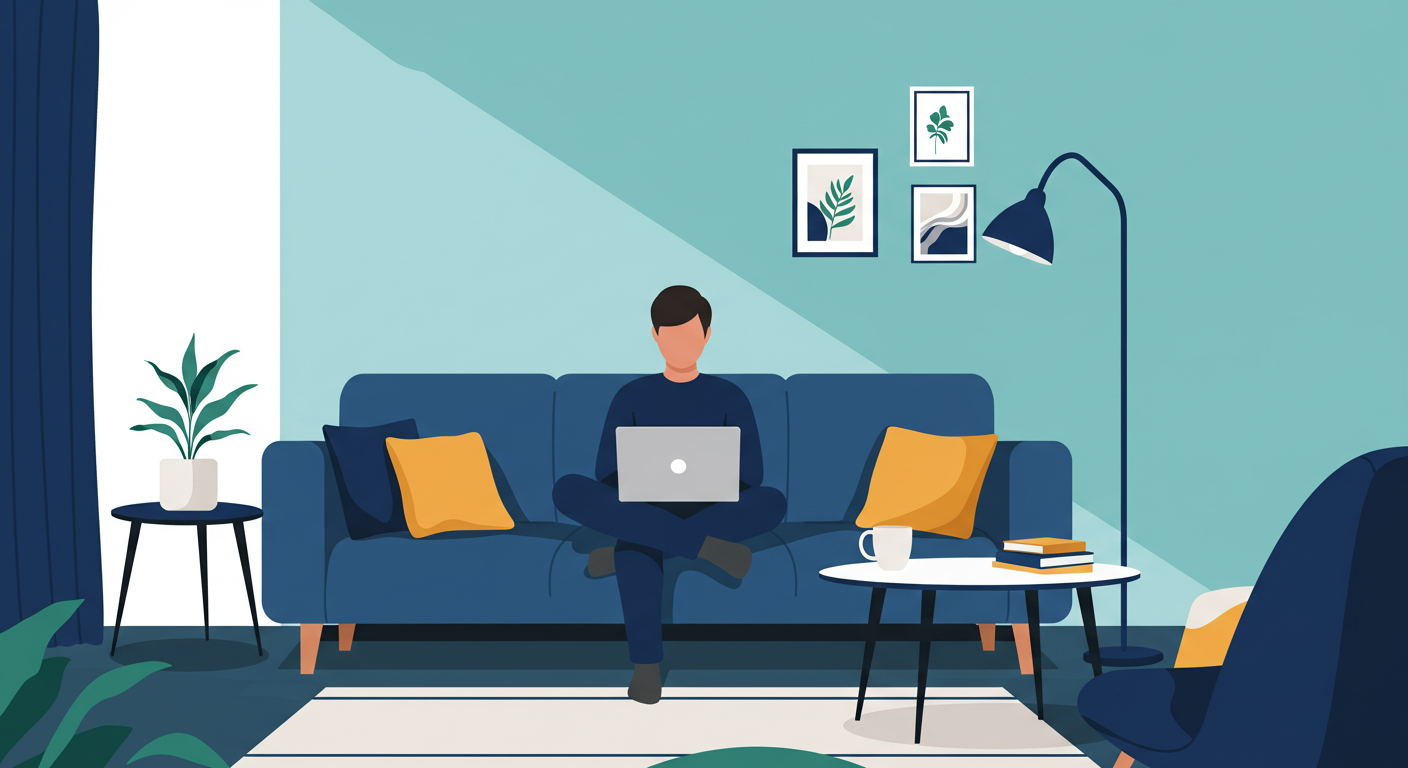 A person sits on a modern sofa in a bright, stylish living room, using a laptop computer.