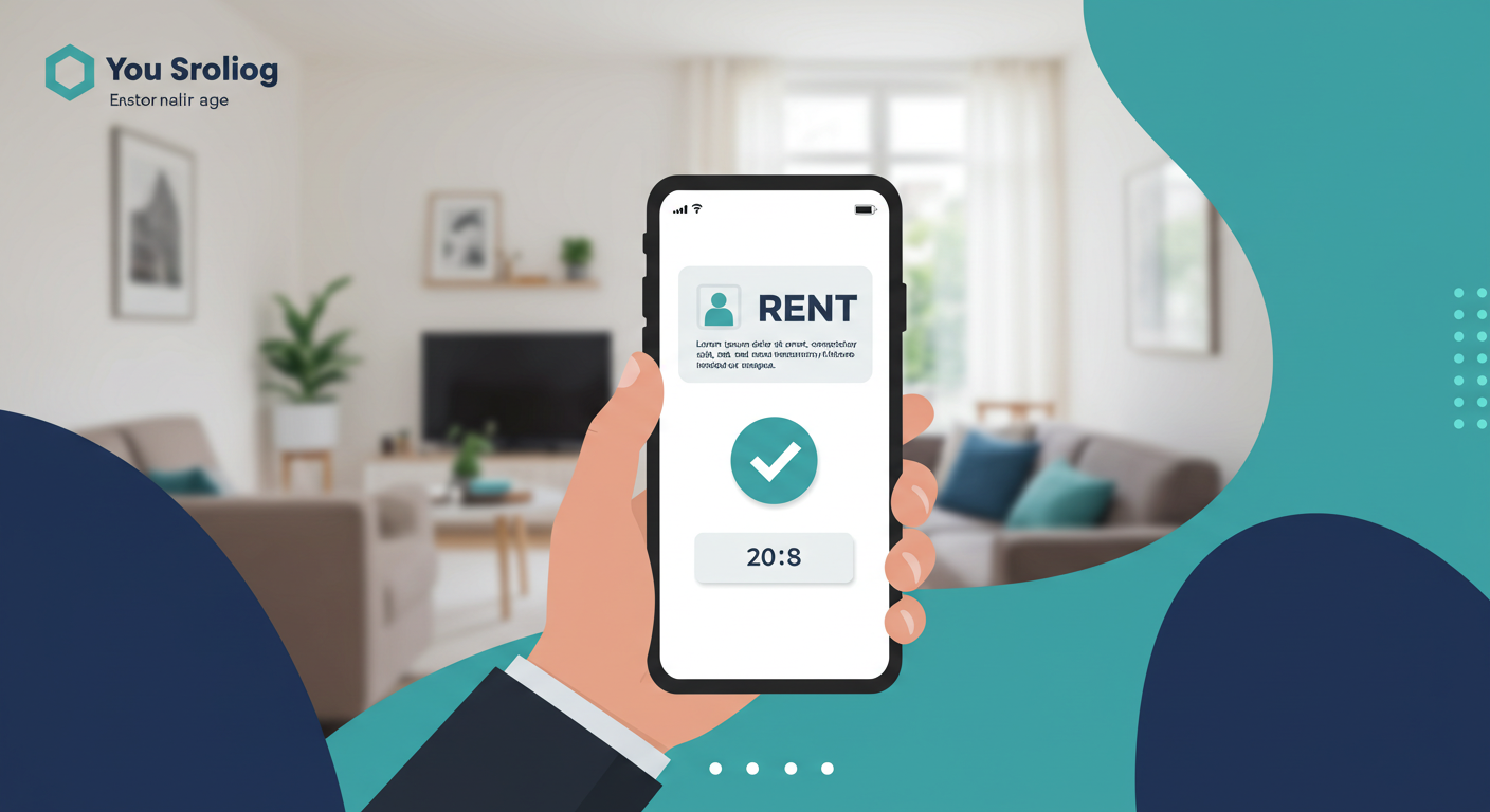 A person pays rent on their smartphone, with the screen showing a confirmation checkmark. A modern apartment living room is softly blurred in the background.