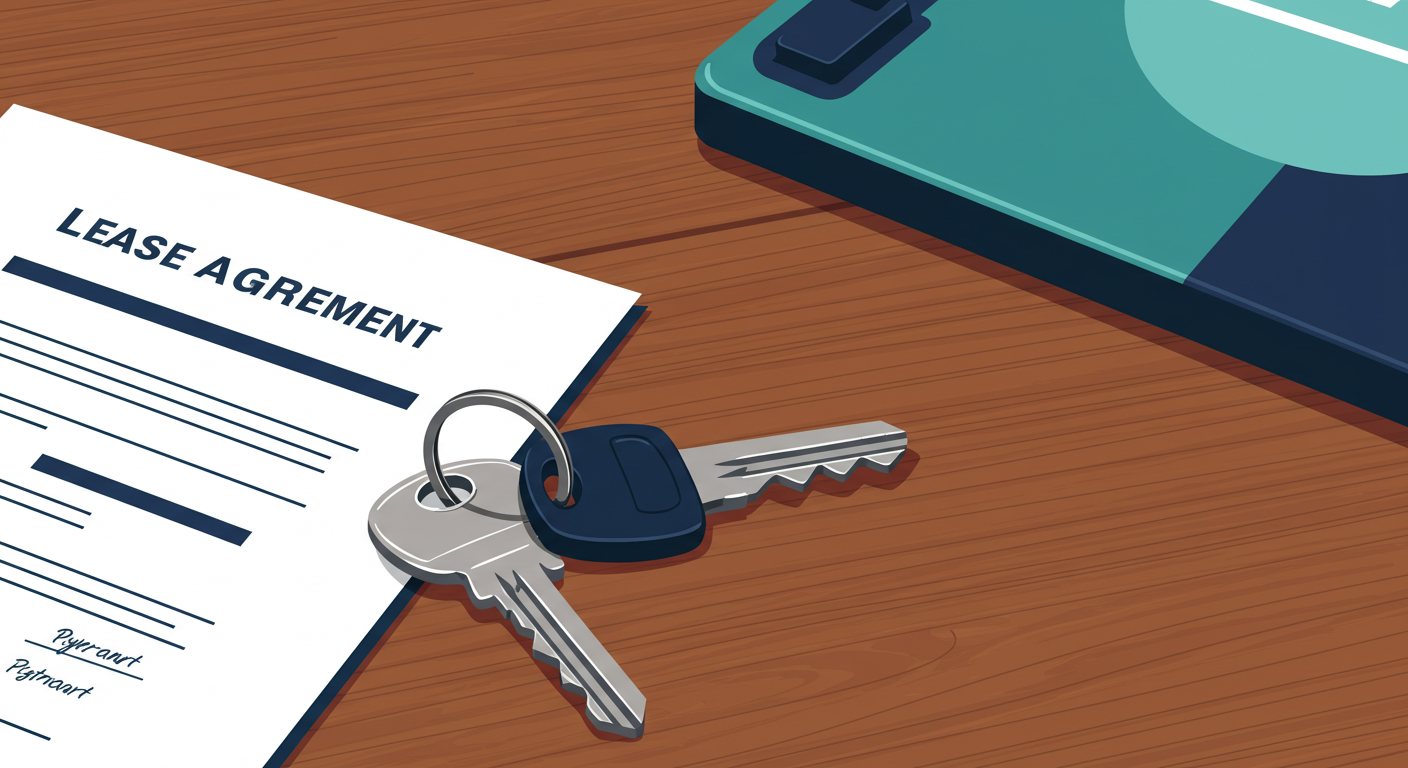 A set of house keys resting on a wooden table next to a signed lease agreement.