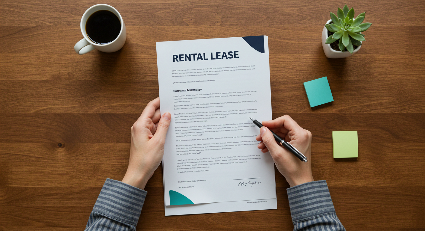 A person's hands reviewing a rental lease document with a pen, sitting at a wooden desk.