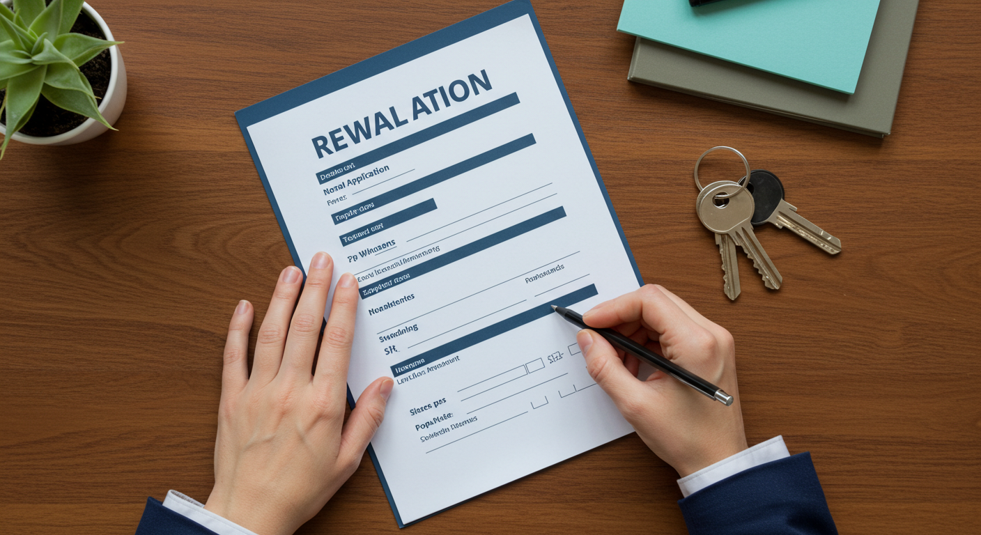 A person's hands filling out a rental application form on a wooden desk with a pen and a set of keys.