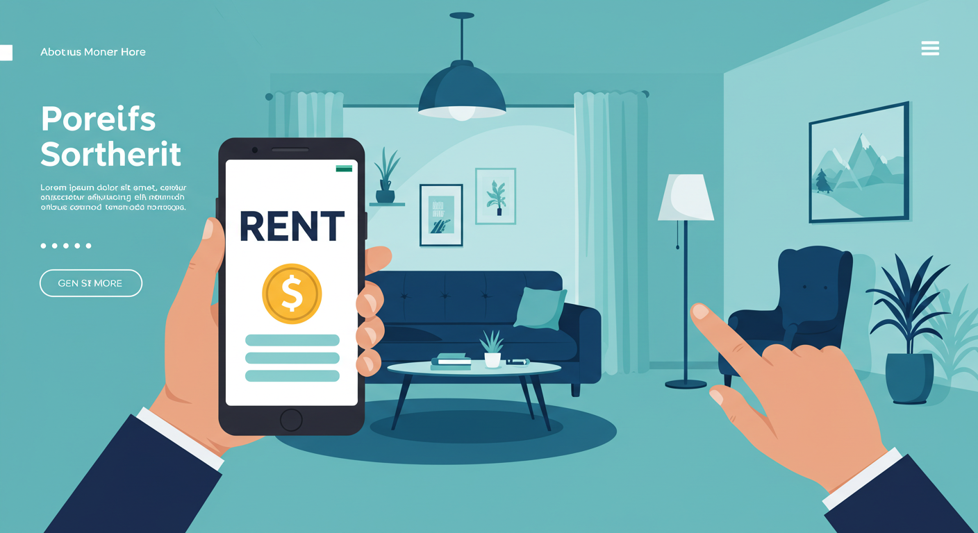 A person pays rent on their smartphone, with a modern apartment living room in the background.
